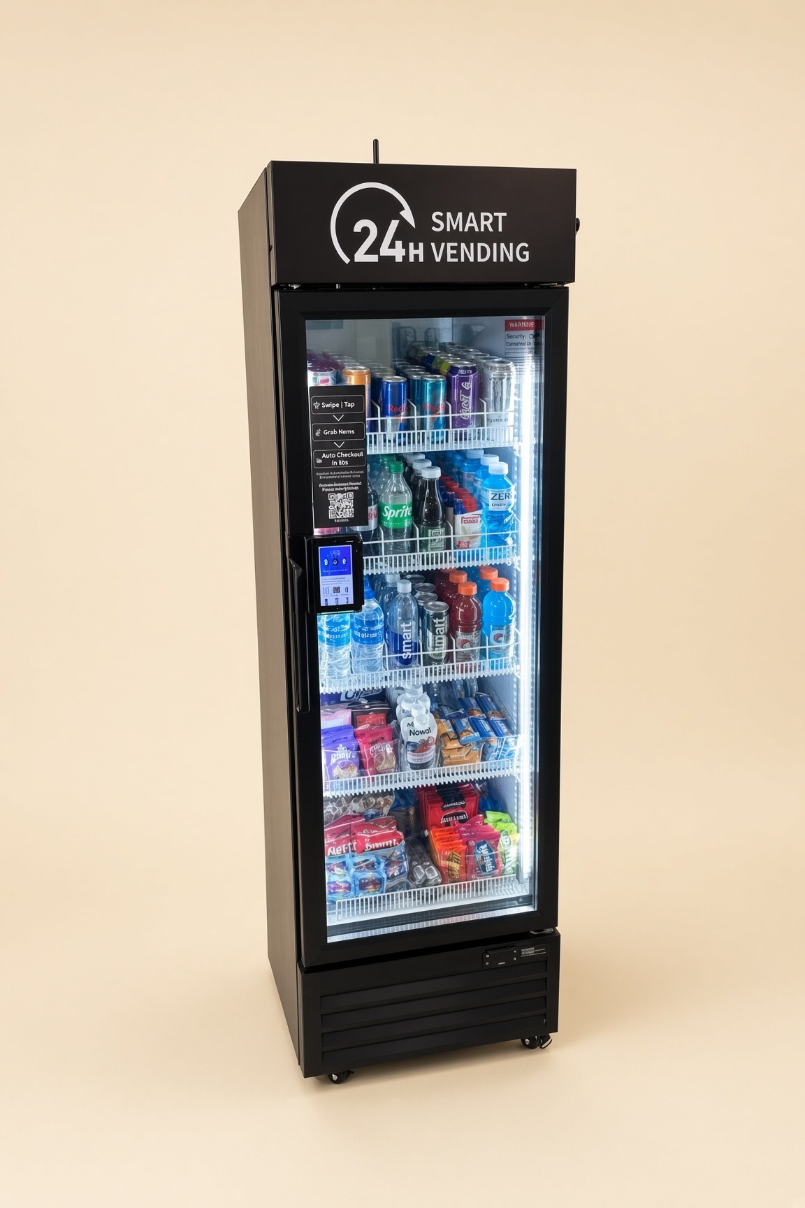 Shane's Treats glass-door smart vending machine, closed and stocked with snacks and drinks