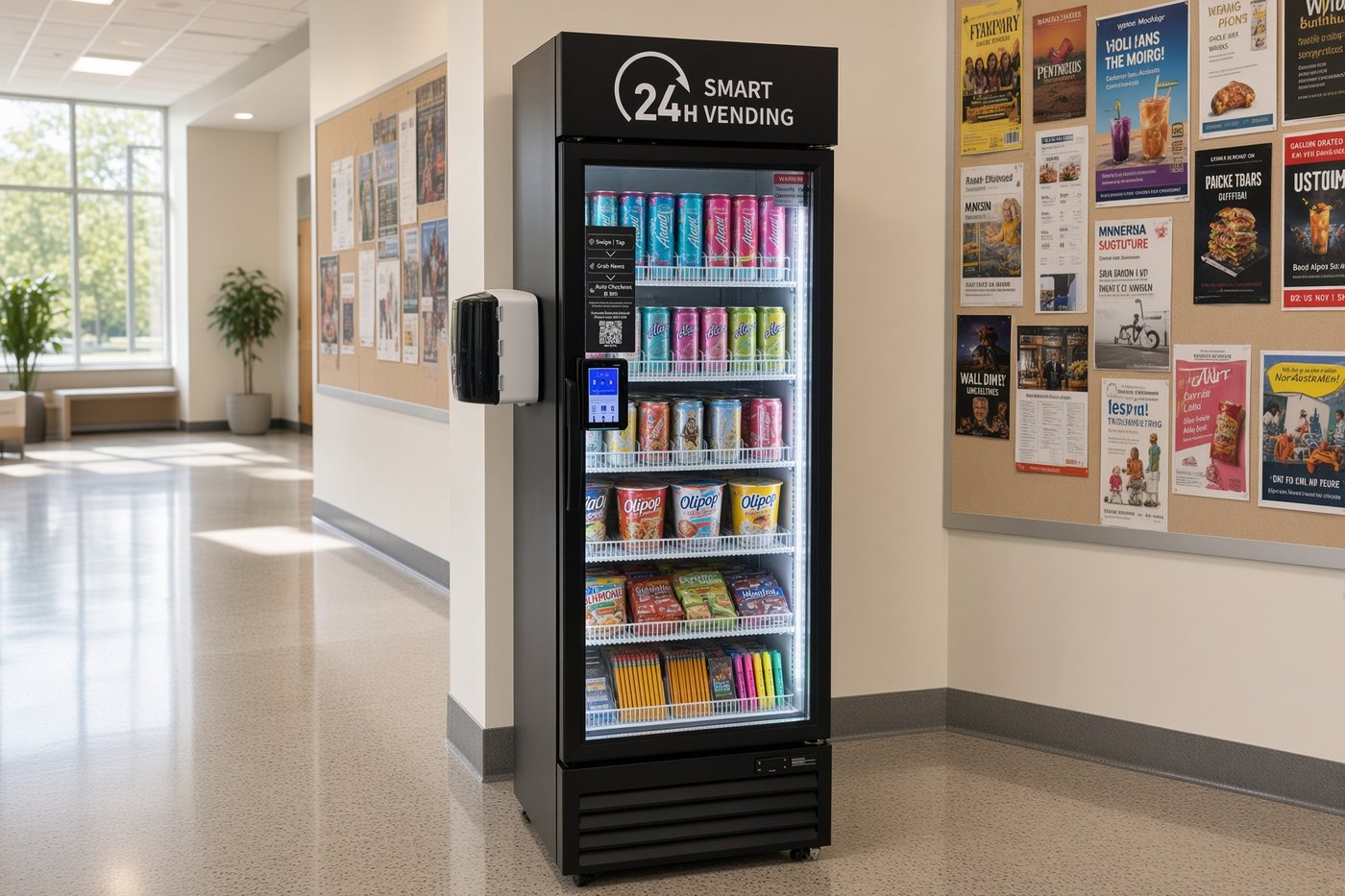 Campus hallway machine stocked with Alani, Olipop, and pencils