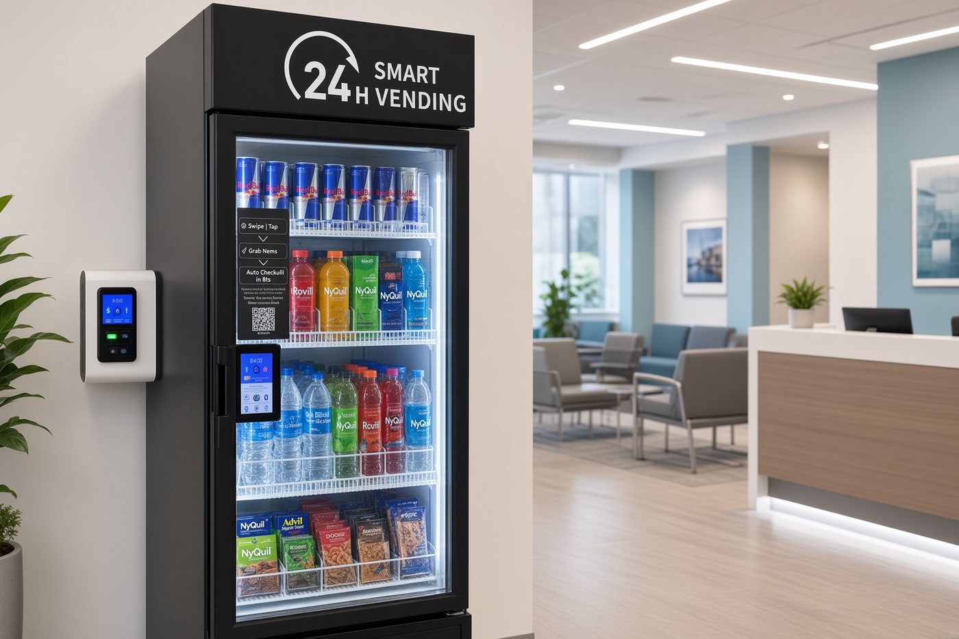 Urgent-care waiting room machine stocked with Red Bull and OTCs