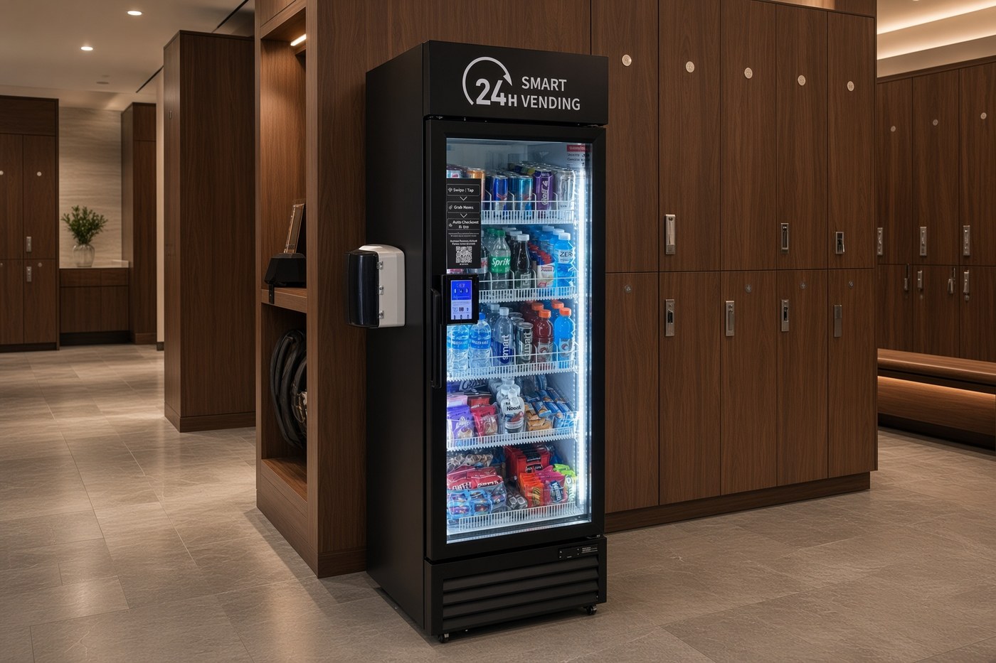 Shane's Treats machine in a hotel locker room