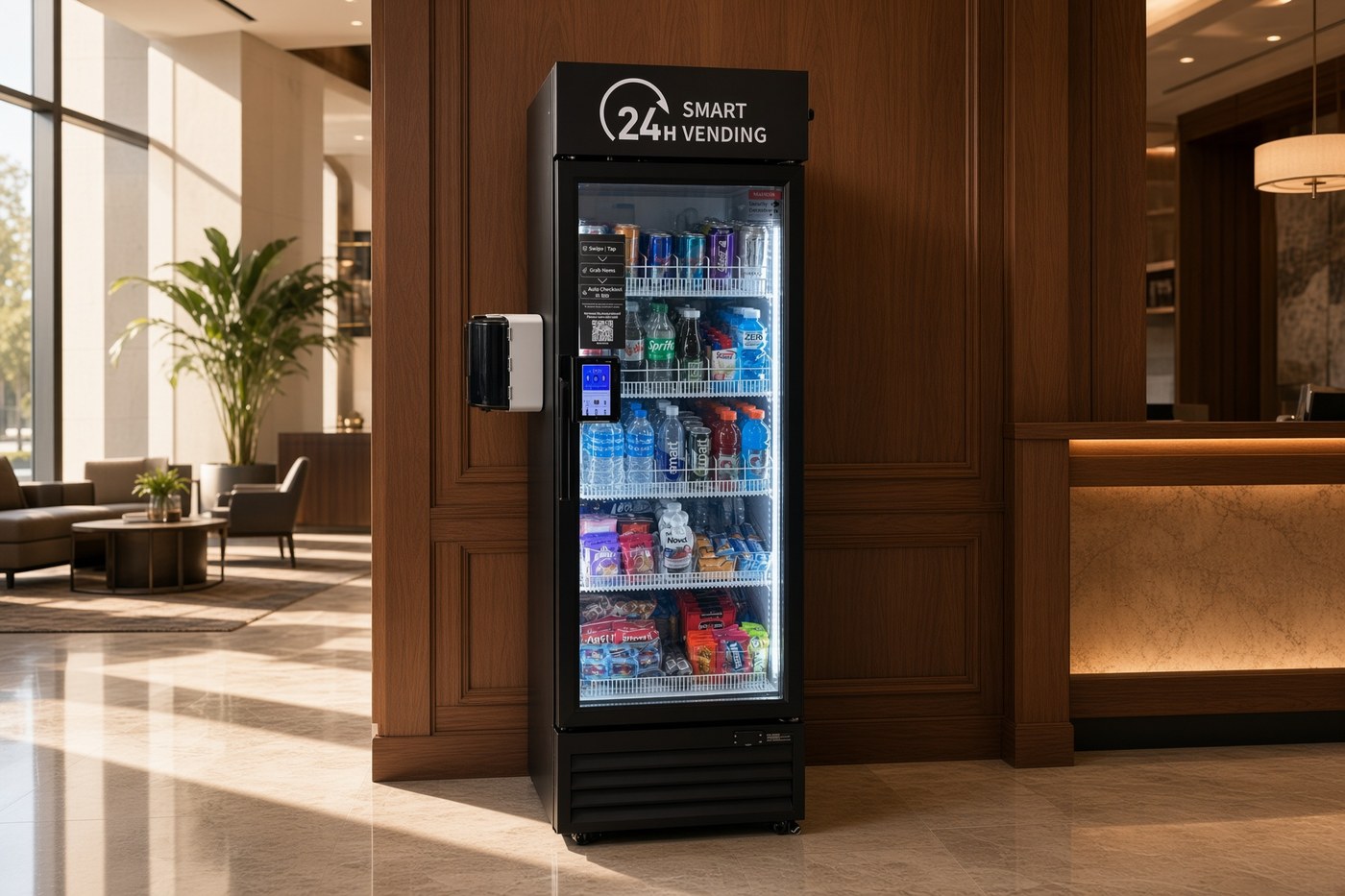Shane's Treats machine in a sunlit office lobby