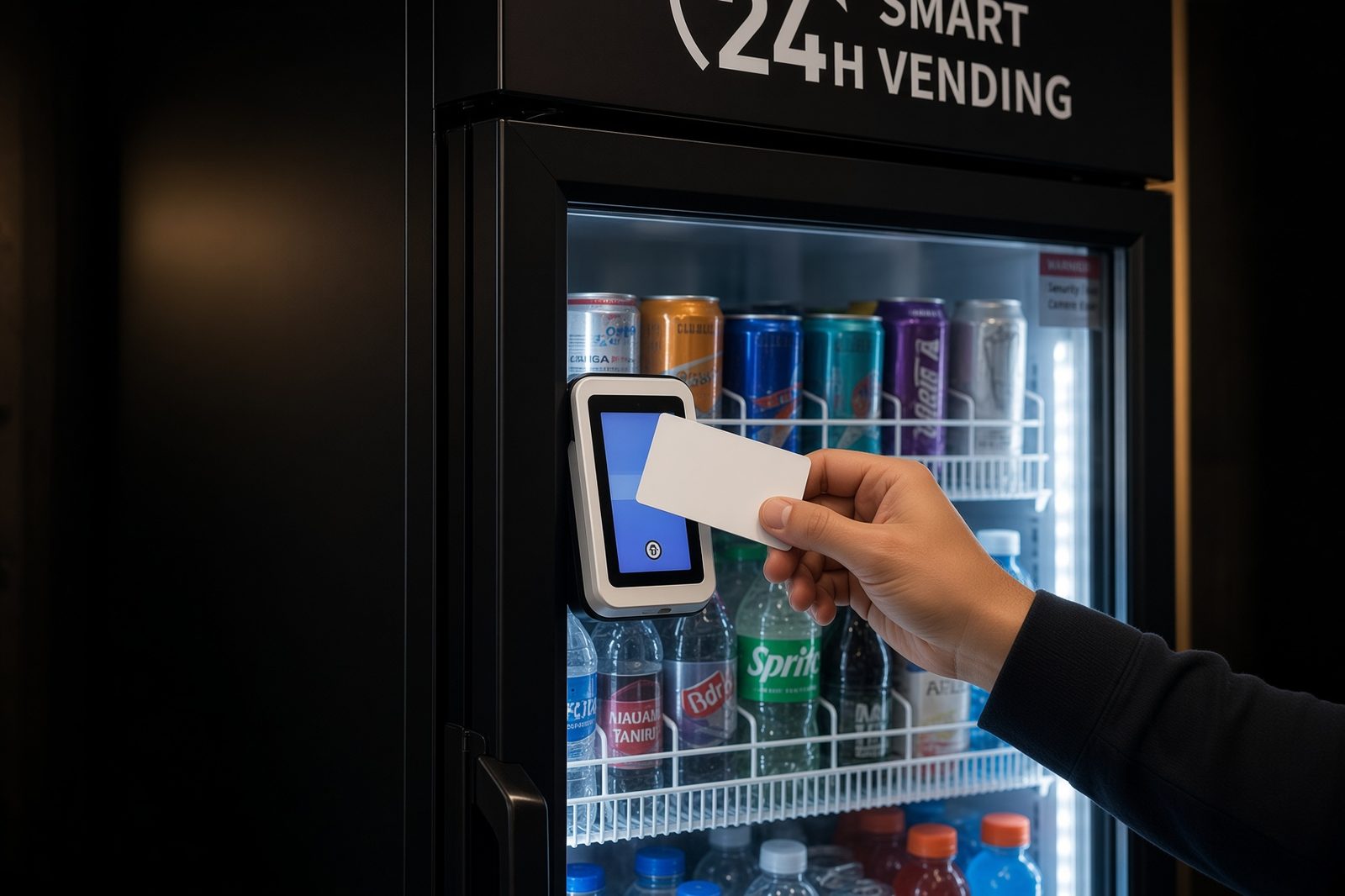 A hand tapping a contactless card on the reader mounted to a smart fridge door